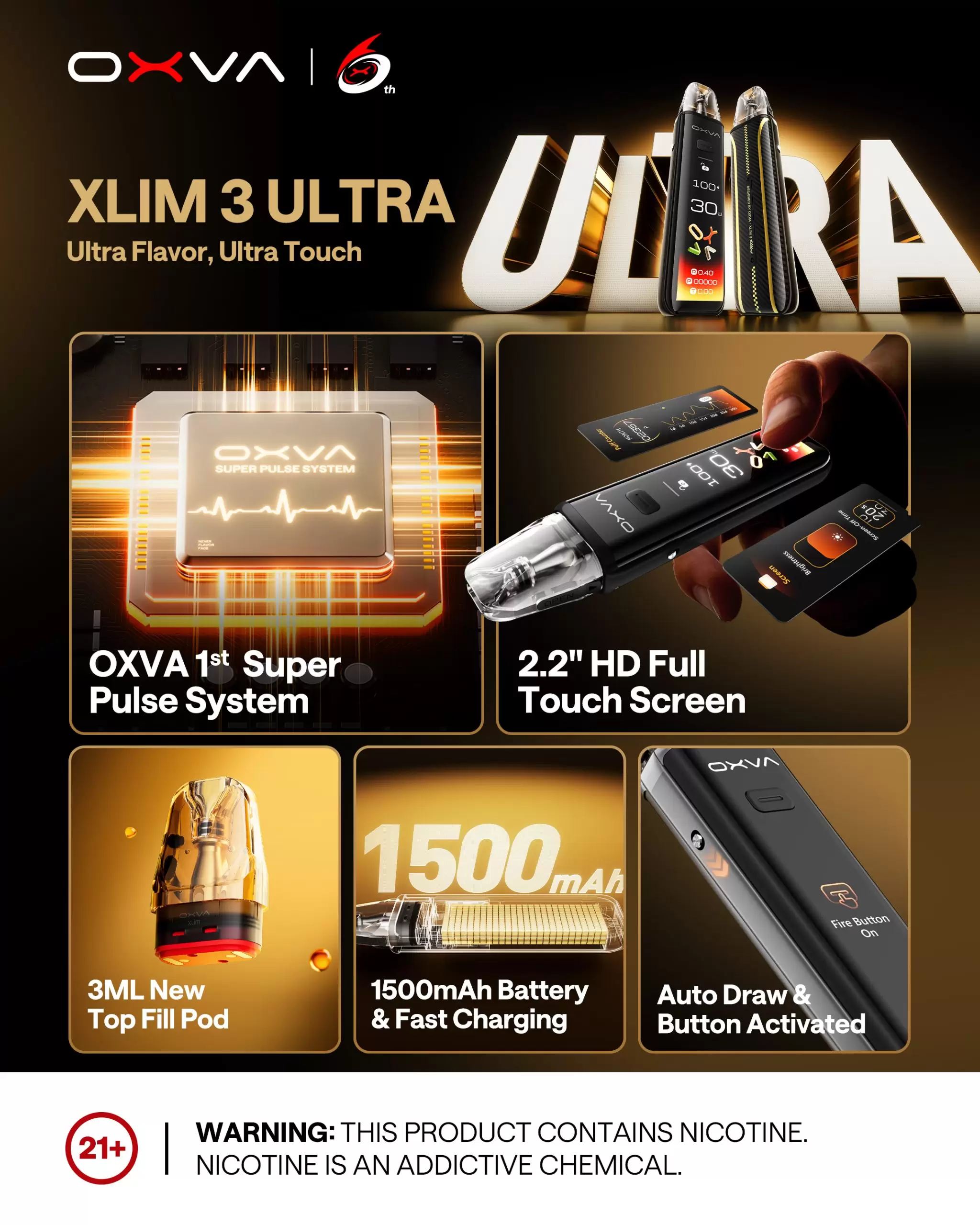 OXVA XLIM PRO 3 ULTRA 奧創小蠻牛觸屏螢幕電子煙主機空倉